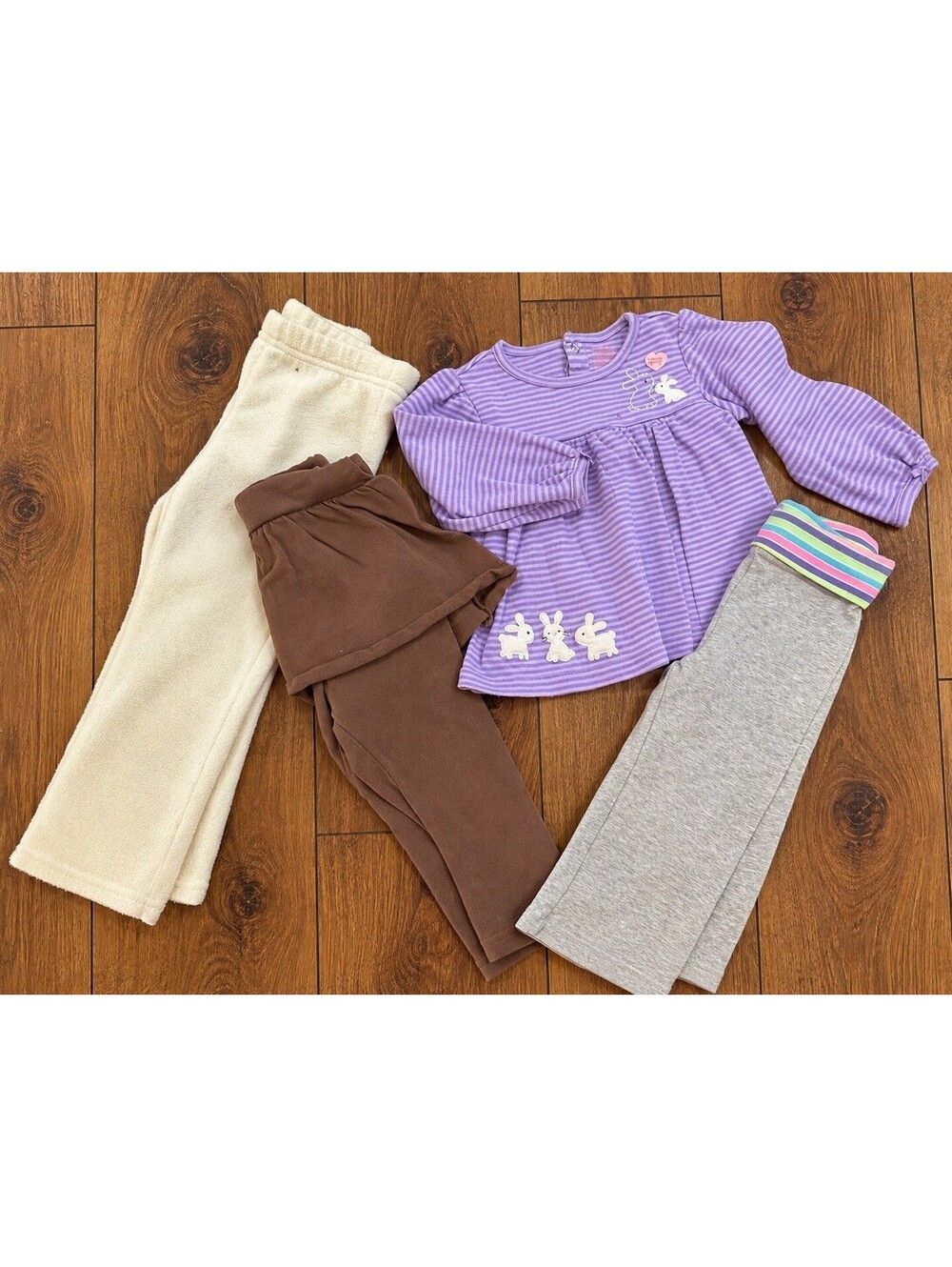 4 Pc Girls Clothing Lot – Bunny Top, Leggings & Pants – Purple Brown Gray Cream